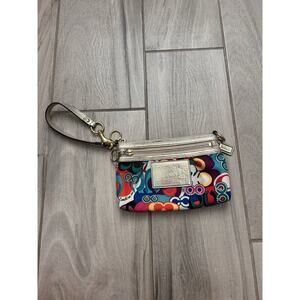 COACH WRISTLET POPPY GLAM OP ART PURSE CLUTCH GOLD LEATHER FITS CELL PHONE Y2K